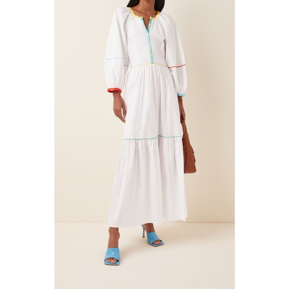 Women's Staud Puff Sleeve Demi Cotton Maxi Length White/Multicolor Dress-6